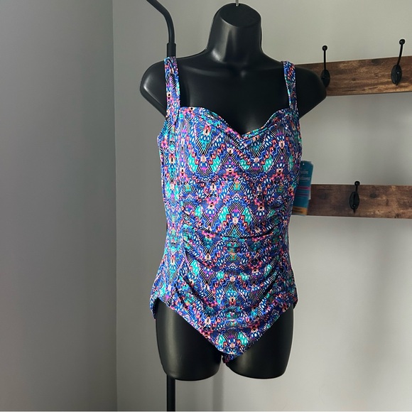 Swim Solutions Women's Tummy-Control Shirred One-Piece Swimsuit (Navy Multi, 14) - Picture 3 of 6